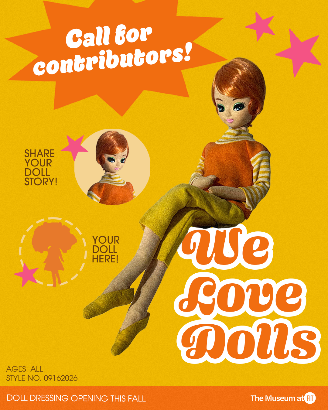 A retro 1960s-style call for contributors graphic with a vintage fashion doll against a bright yellow background. Text reads: Share Your Doll Story! We Love Dolls.