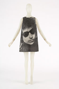 Dress with photograph of Bob Dylan by Harry Gordon, paper, black ink, 1968, England, gift of Estelle Ellis.