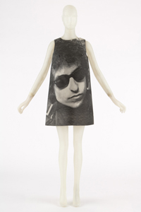black and white image of Bob Dylan wearing glasses printed on paper dress 